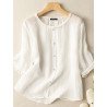 Lettuce Edge Crew Neck Solid Button 3/4 Sleeve Blouse