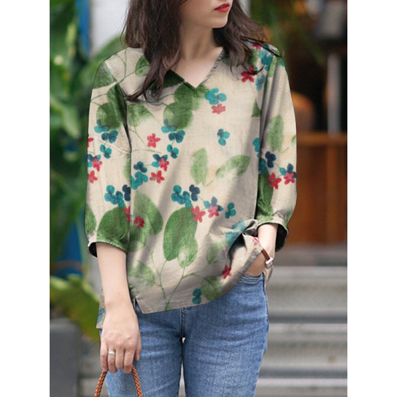 Women Floral Leaf Print V-Neck High-Low Hem Cotton Blouse