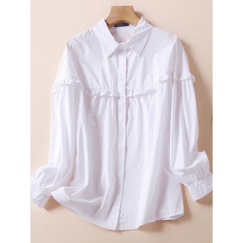 Solid Ruffle Trim Button Front Lapel Long Sleeve Shirt