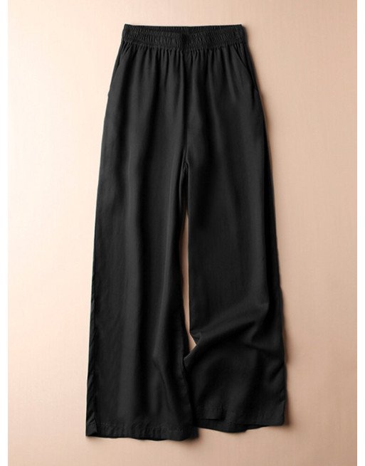 Women Solid Elastic Waist Pocket Wide Leg Pants