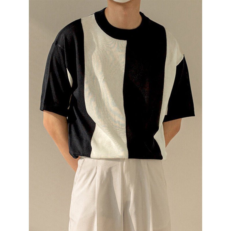 Mens Two Tone Colorblock Knitted Pullover T-Shirt