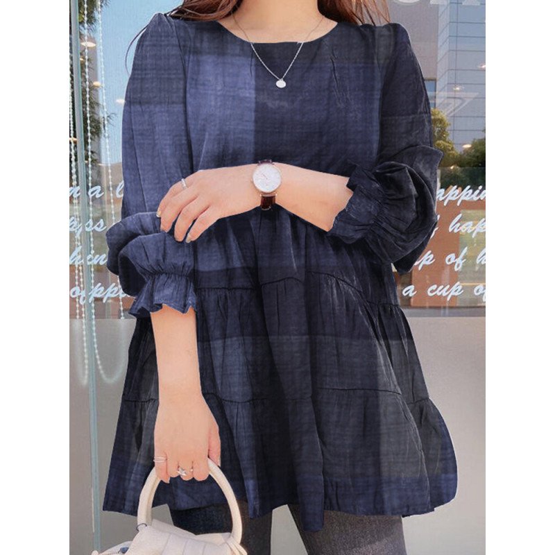 Check Print Long Sleeve Crew Neck Casual Blouse