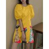 Women Cartoon Cat Print Crew Neck Puff Sleeve Dress