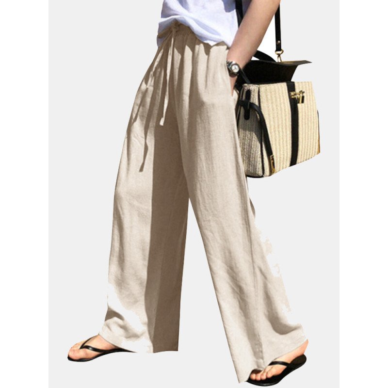 Solid Pocket Drawstring Elastic Waist Wide Leg Pants