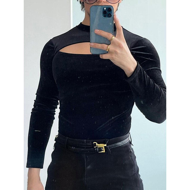 Mens Solid Cutout Long Sleeve T-shirt