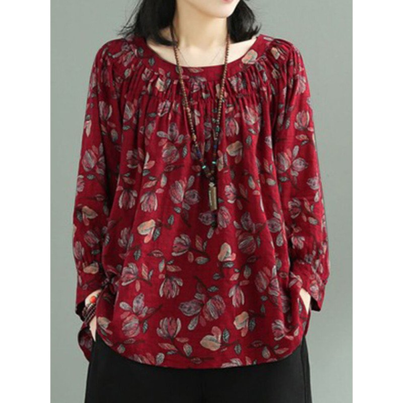 Allover Floral Print Crew Neck Long Sleeve Blouse