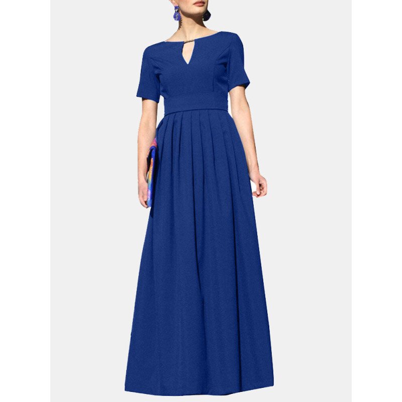 Solid Pleated Notch Neck Short Sleeve Maxi Dress With Belt