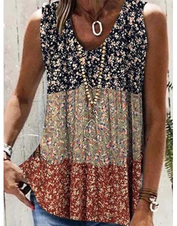 Women Ditsy Floral Print Color Block Patchwork Sleeveless Tank Top