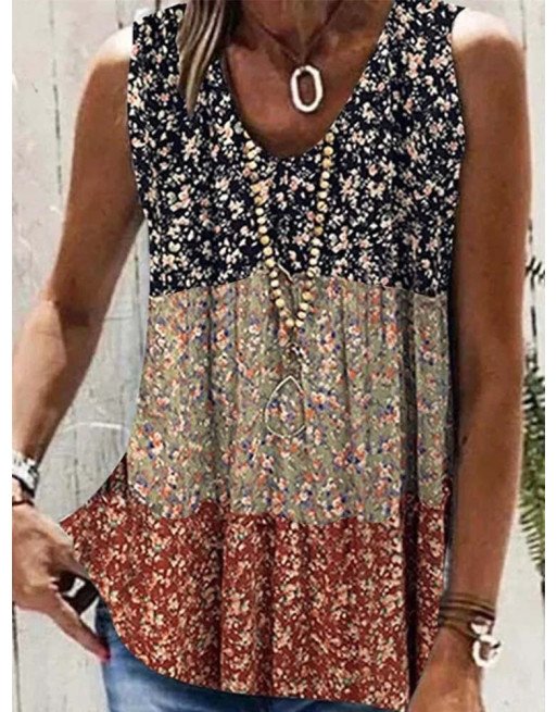 Women Ditsy Floral Print Color Block Patchwork Sleeveless Tank Top
