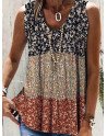 Women Ditsy Floral Print Color Block Patchwork Sleeveless Tank Top