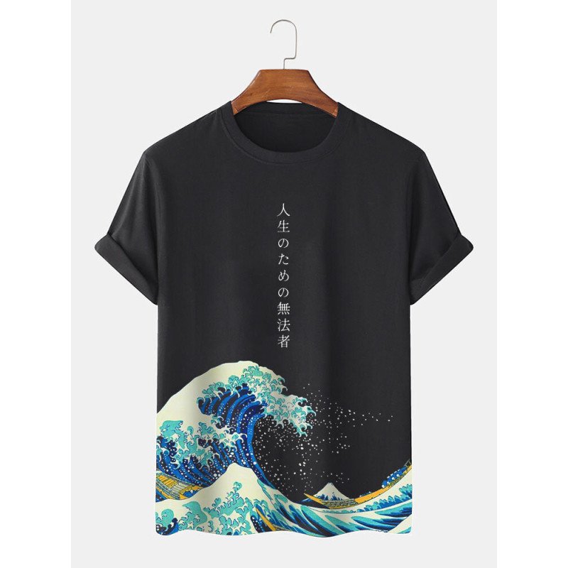 Mens Japanese Wave Print Crew Neck Short Sleeve T-Shirts