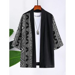Mens Vintage Geometric Pattern Patchwork Loose 3/4 Sleeve Kimono
