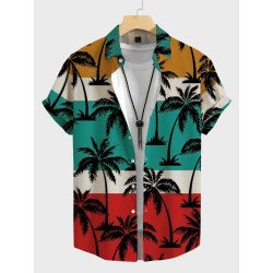 Mens Coconut Tree Print Color Block Vacation Short Sleeve Shirts