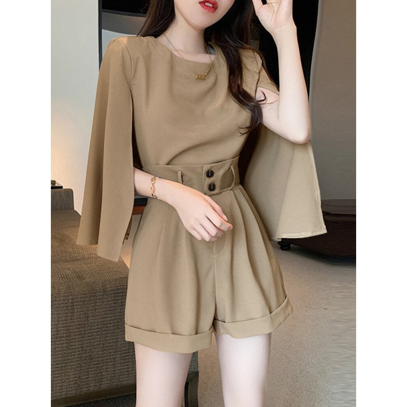 Solid Slit Sleeve High Waist Rolled Hem Two Pieces Suit
