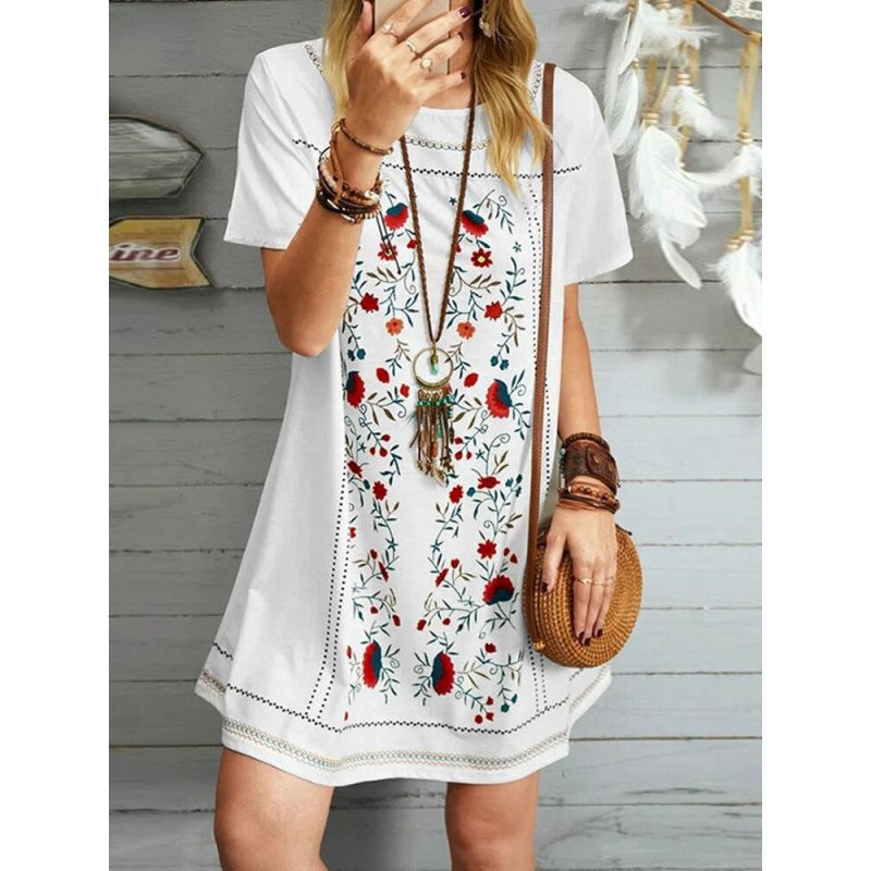 Floral Print Short Sleeve Crew Neck Dress