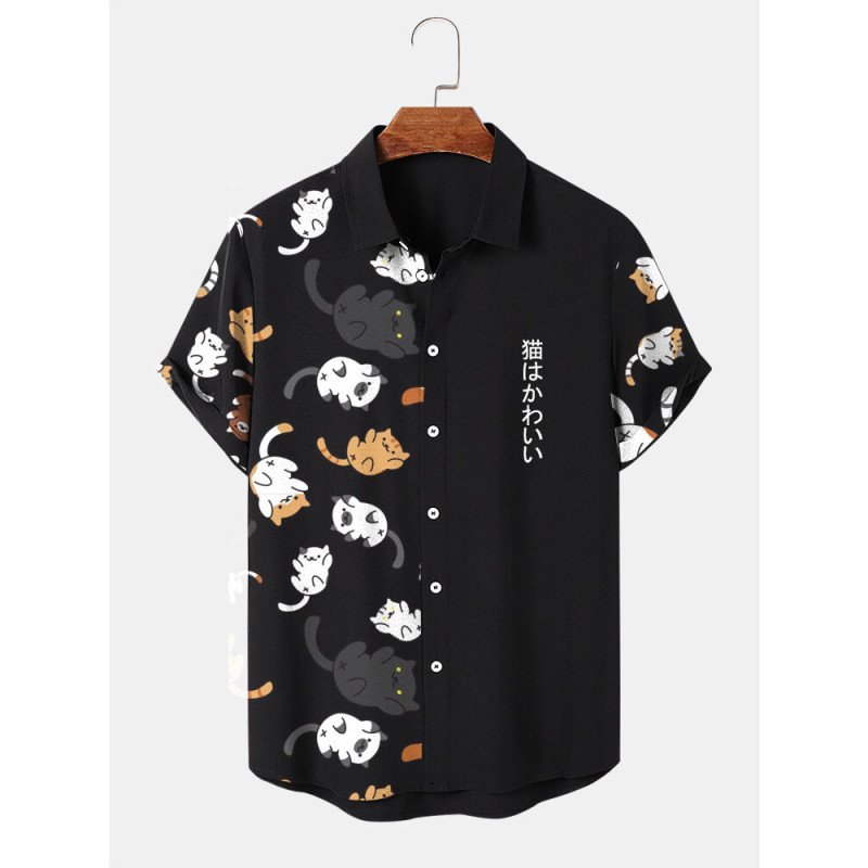 Mens Cute Cat Japanese Print Lapel Short Sleeve Shirts