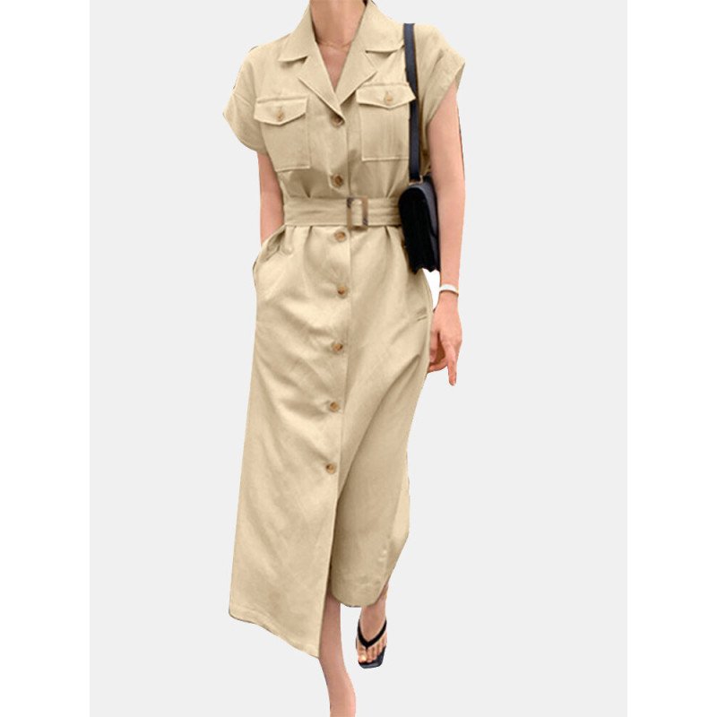 Solid Pocket Lapel Short Sleeve Button Front Dress With Belt
