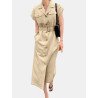 Solid Pocket Lapel Short Sleeve Button Front Dress With Belt