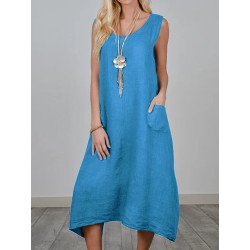 Women Solid Crew Neck Double Pocket Cotton Sleeveless Dress