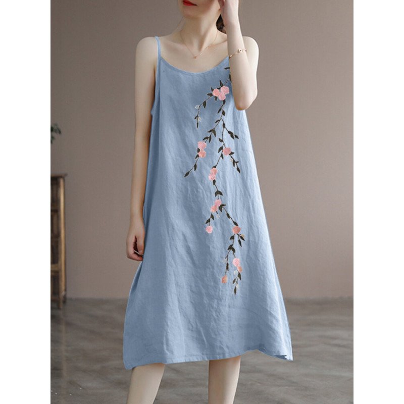 Women Floral Embroidered Cotton Spaghetti Strap Dress