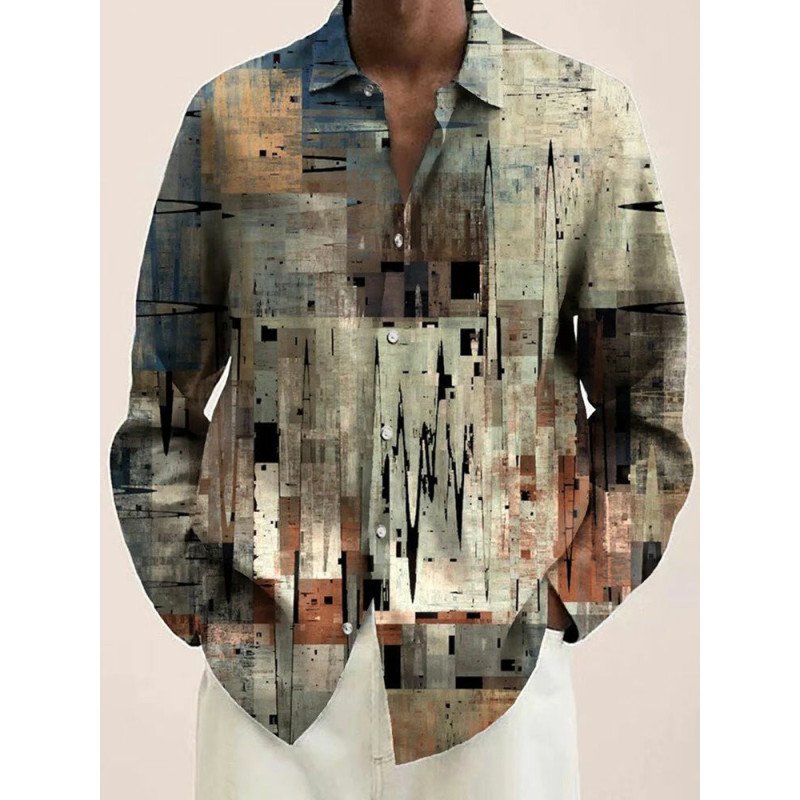 Mens Allover Abstract Print Button Up Long Sleeve Shirts