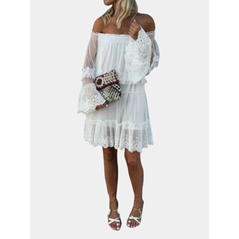 Flare Sleeve Off Shoulder Elastic Lace Patchwork Dress