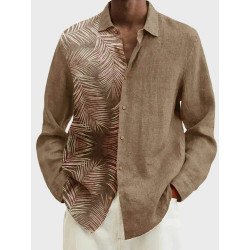 Mens Tropical Leaf Print Patchwork Lapel Long Sleeve Shirts