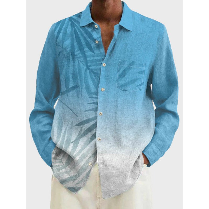Mens Tropical Leaf Ombre Print Lapel Long Sleeve Shirts