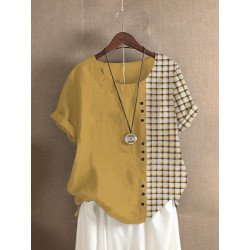 Women Plaid Patchwork Crew Neck Cotton Short Sleeve Blouse