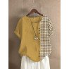 Women Plaid Patchwork Crew Neck Cotton Short Sleeve Blouse