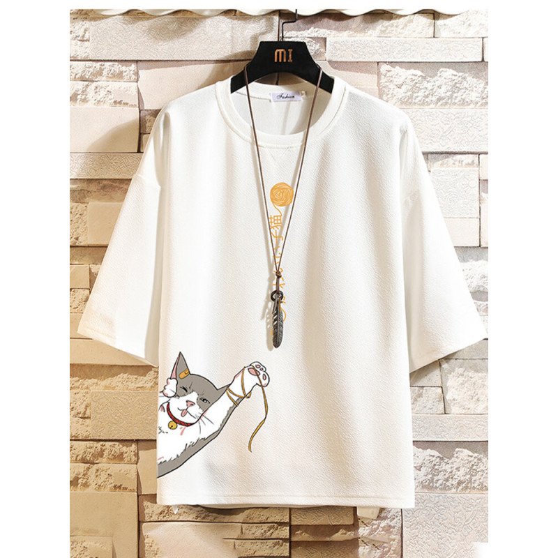 Mens Japanese Cat Print Crew Neck Drop Shoulder T-Shirts