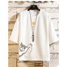 Mens Japanese Cat Print Crew Neck Drop Shoulder T-Shirts