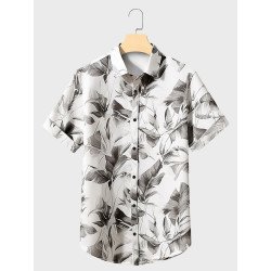 Mens Tropical Plant Print Lapel Hawaiian Vacation Short Sleeve Shirts