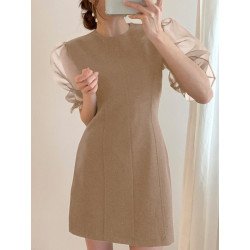 Puff Sleeve Mesh Patchwork Short Sleeve Casual Dress