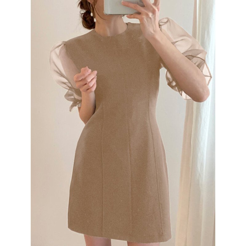 Puff Sleeve Mesh Patchwork Short Sleeve Casual Dress