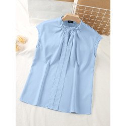 Women Solid Notched Neck Casual Short Sleeve Blouse