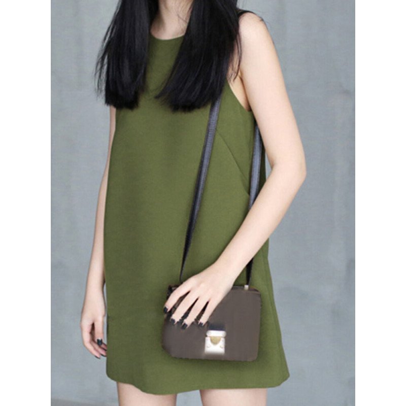 Solid Sleeveless Crew Neck Casual Dress For Women