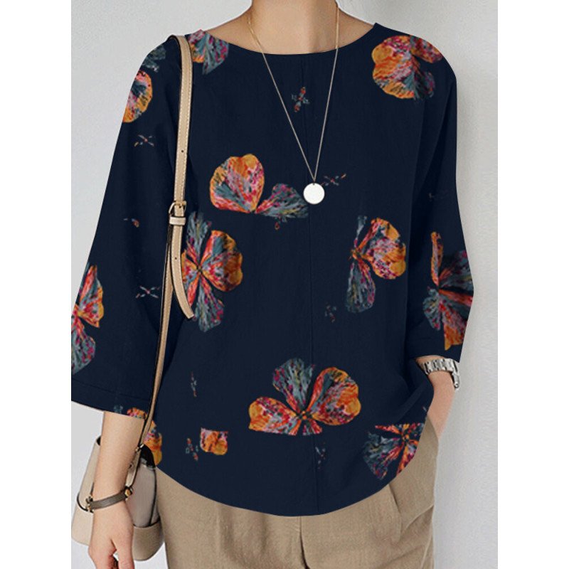 Flower Print 3/4 Sleeve Crew Neck Blouse