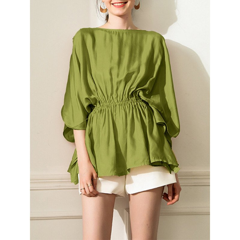 Elastic Waist Solid 3/4 Sleeve Crew Neck Loose Blouse