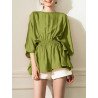 Elastic Waist Solid 3/4 Sleeve Crew Neck Loose Blouse