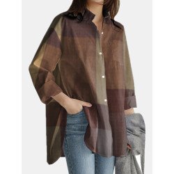 Plaid Print Long Sleeves Casual Loose Blouse With Pockets