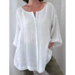 Women Plain Texture Button Front Cotton Drop Shoulder Blouse