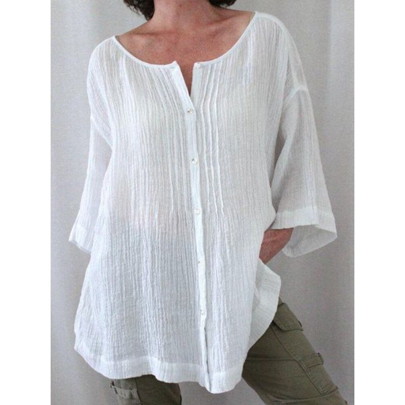 Women Plain Texture Button Front Cotton Drop Shoulder Blouse