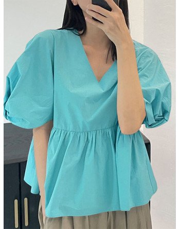 Puff Sleeve Spliced Ruched Ruffle Hem Casual Blouse