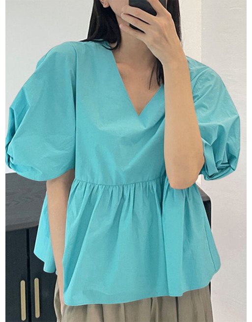 Puff Sleeve Spliced Ruched Ruffle Hem Casual Blouse
