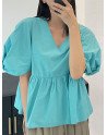 Puff Sleeve Spliced Ruched Ruffle Hem Casual Blouse