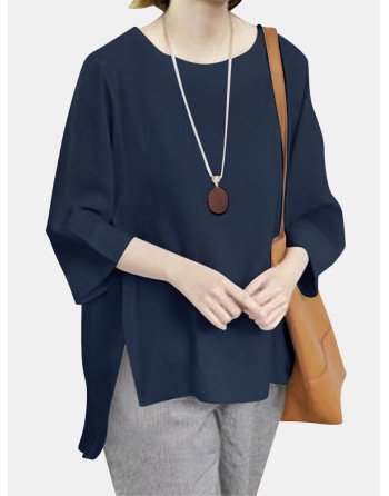 Leisure Solid Slit Hem Round Neck Casual Blouse