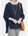 Leisure Solid Slit Hem Round Neck Casual Blouse