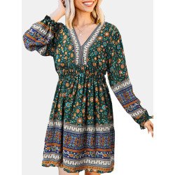 Ethnic Print Patchwork Lantern Sleeve Elastic Waist Midi Dress