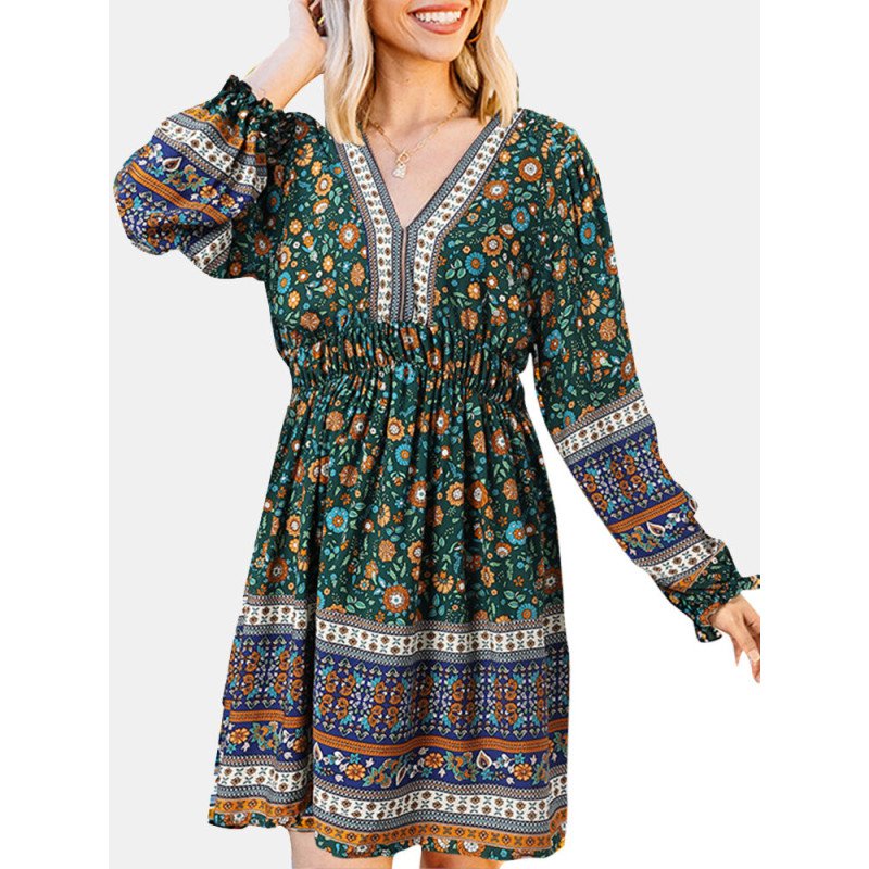 Ethnic Print Patchwork Lantern Sleeve Elastic Waist Midi Dress